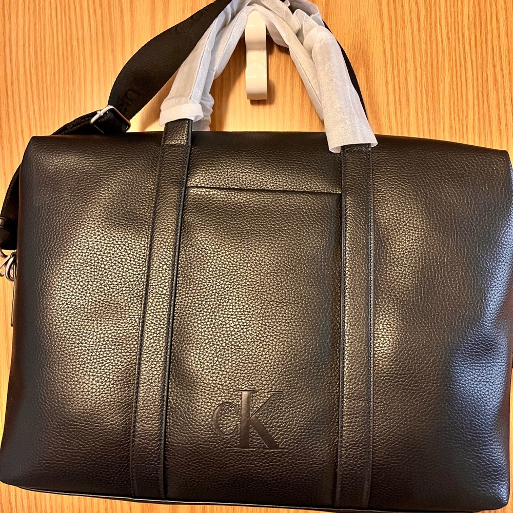 Calvin Klein Black Pebbled Leather Duffel Briefcase